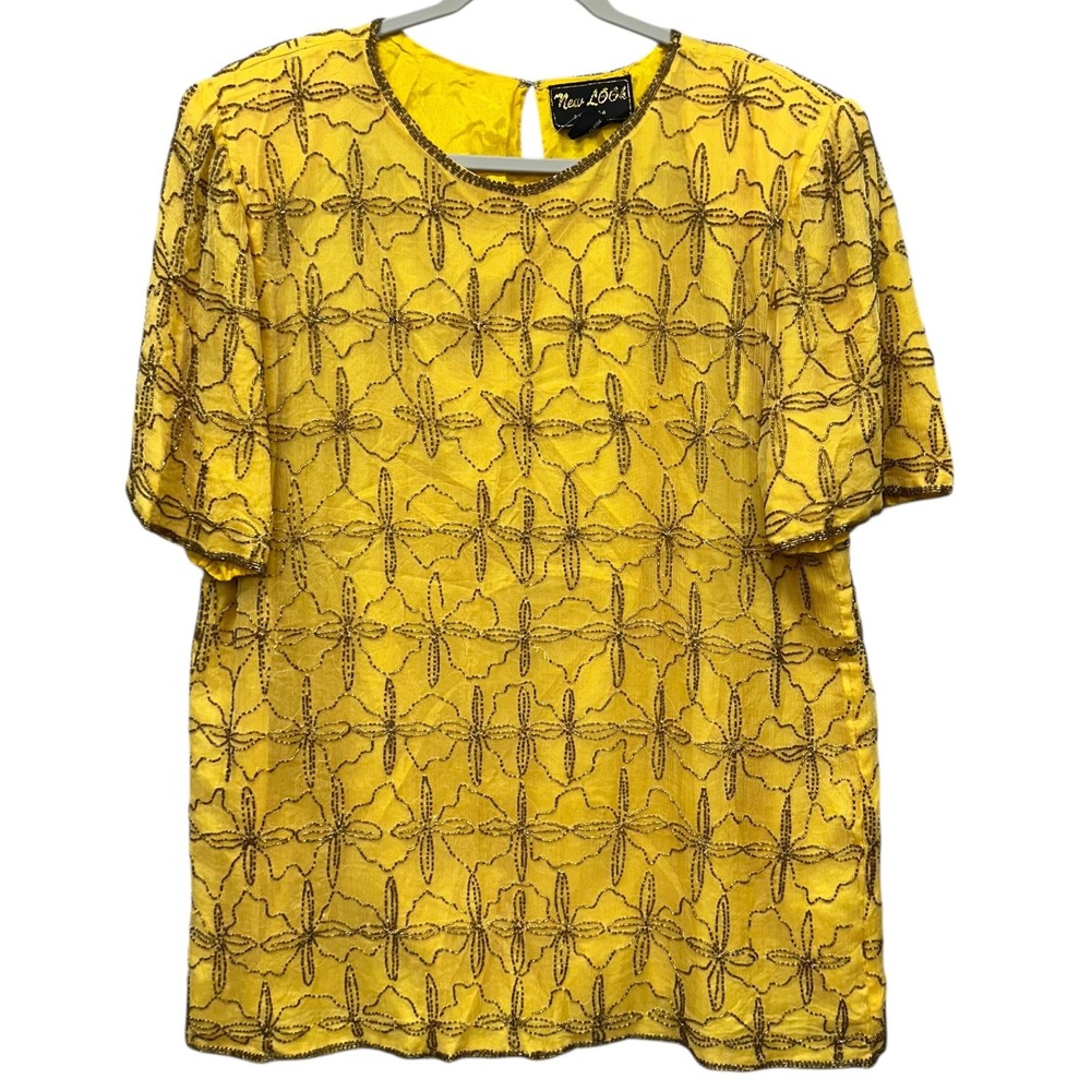 New Look Shirt Womens 3XL‎ Yellow Pure Silk Beaded Evening Top Dressy India